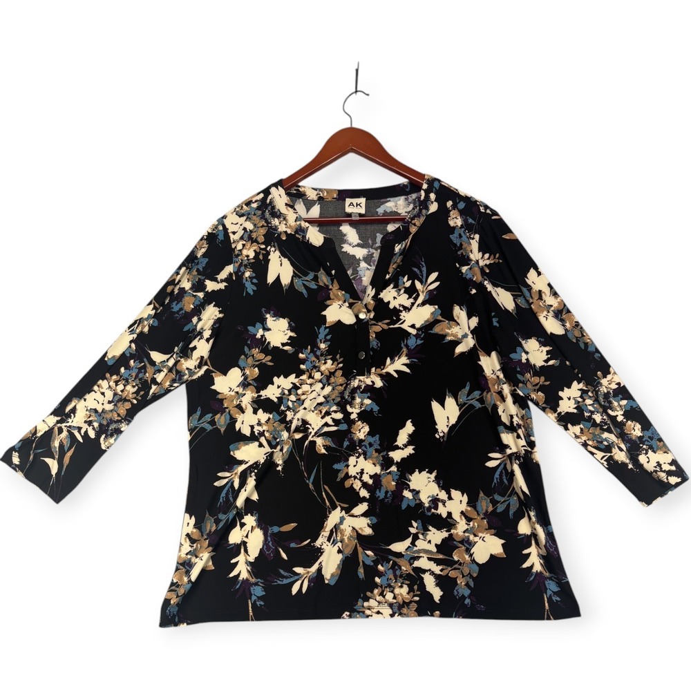 Anne Klein Womens XL Navy Abstract Floral Button Front Blouse 3/4 Sleeve Office